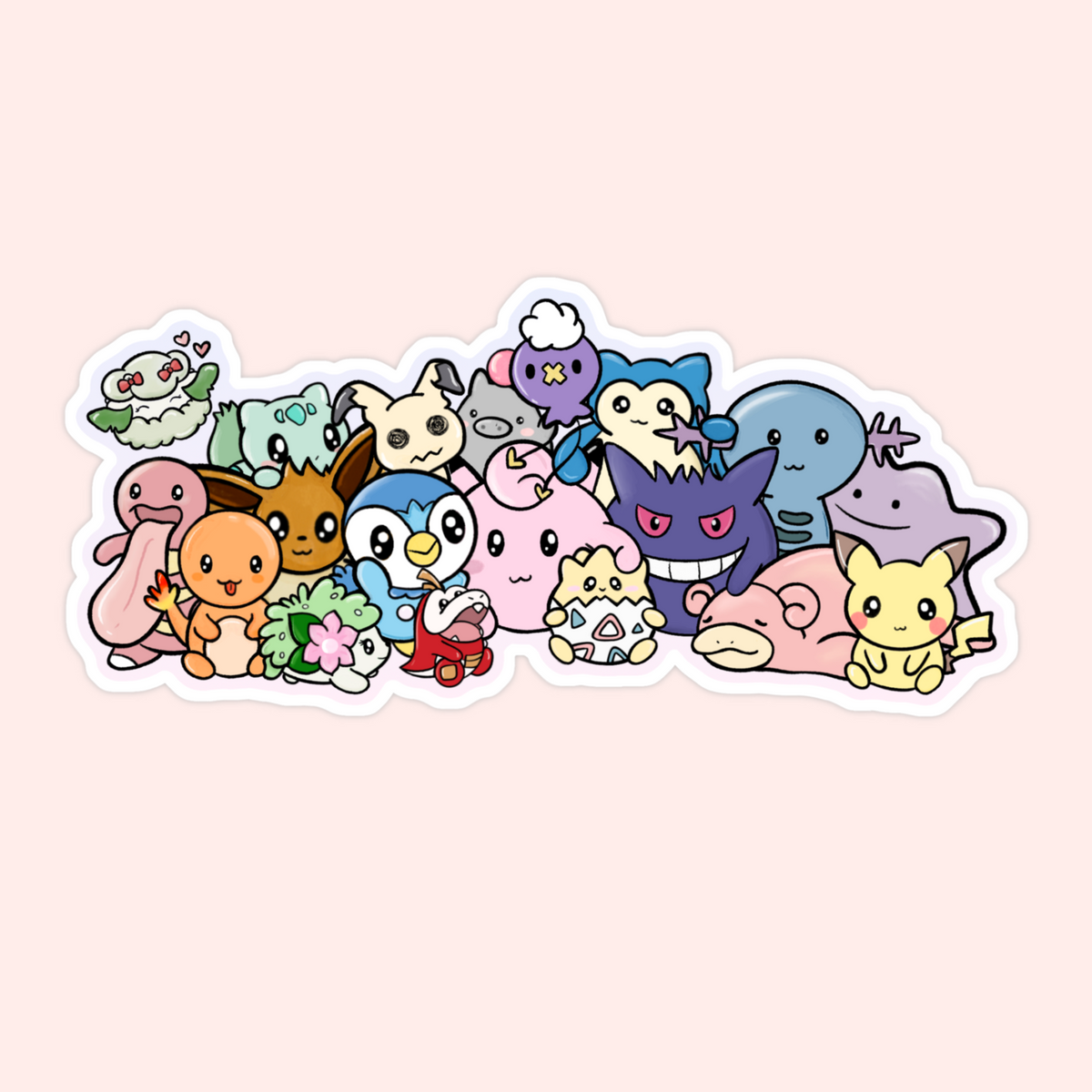 A die-cut sticker featuring a group of cute, colorful cartoon Pokémon characters clustered together, shown on a pale pink background.