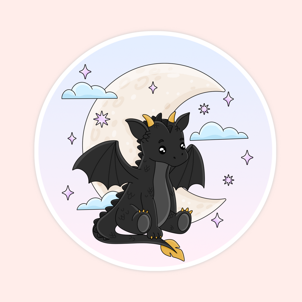 A circular sticker or print featuring a cute black cartoon dragon sitting in front of a large cream-colored crescent moon, with pastel clouds, stars, and a pale pink background.