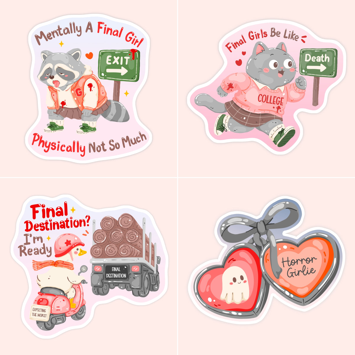 Cute illustrated horror sticker featuring funny final girl and Final Destination-inspired designs with pastel spooky characters