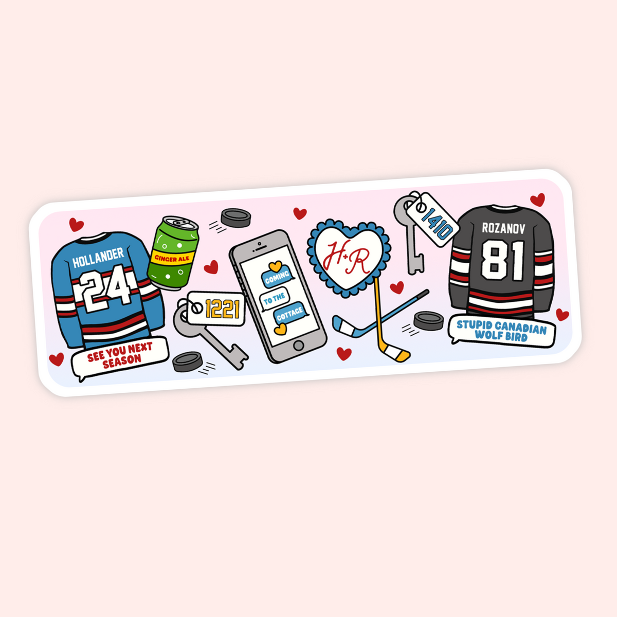 A rectangular sticker with rounded corners featuring a white border and a colorful ice hockey theme illustration. The design includes two hockey jerseys with player numbers, a smartphone, keys, pucks, sticks, and small red hearts, with humorous text labels.