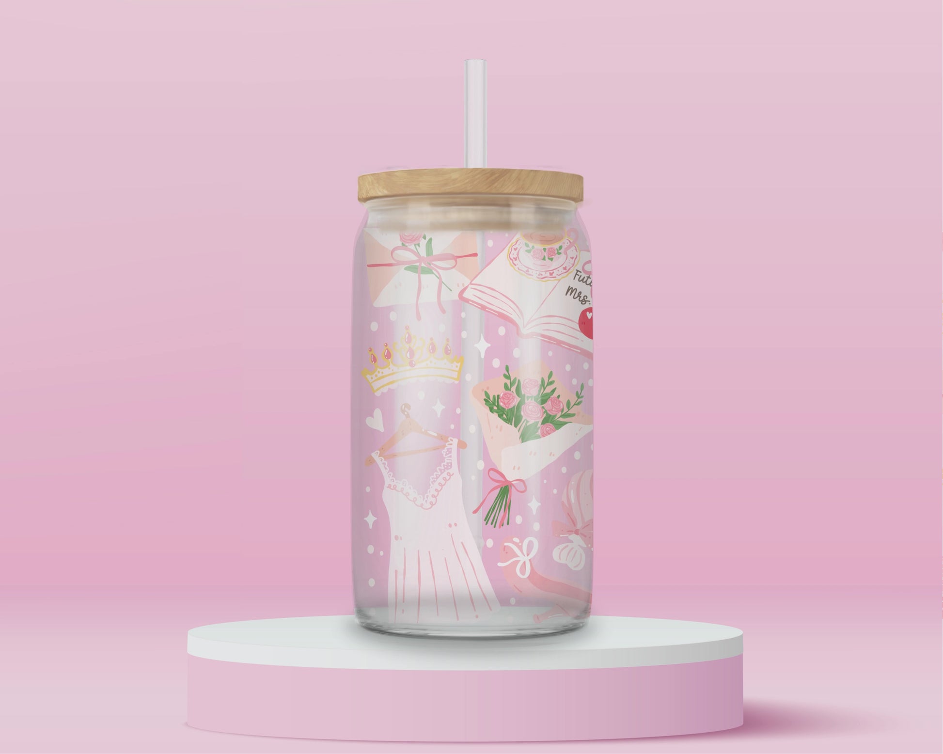 “Bridal glass tumbler with soft pink floral design – perfect for bachelorettes or wedding gifts.”