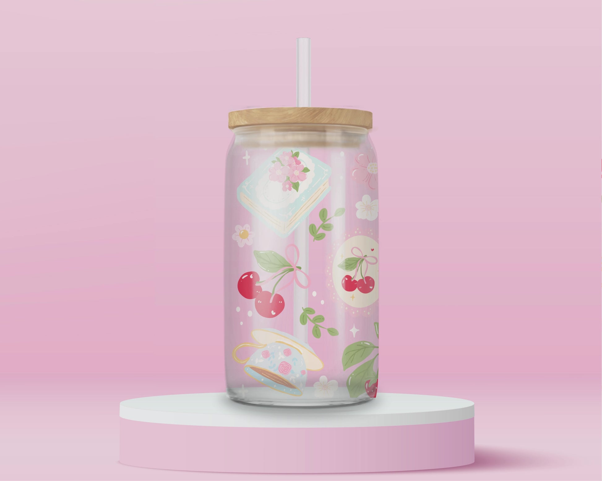 “Romantic glass tumbler with cherry and book details – ideal for readers and tea lovers.”