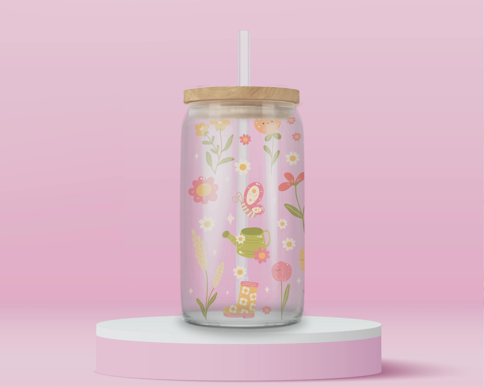 “Pastel floral glass tumbler with bees and blooms – spring picnic aesthetic iced coffee cup.”