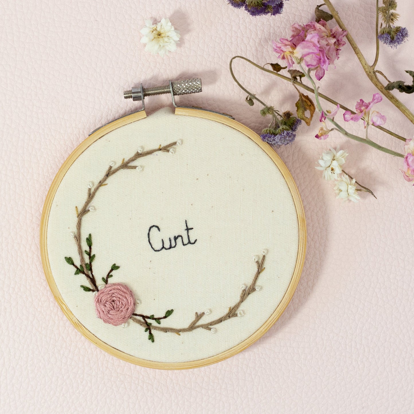 Dainty but Deadly – Custom Swear Word Embroidered Hoop 🌿