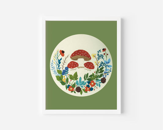 Cottagecore Mushroom Forest Embroidery Print – Feminist Decor 🍄💖