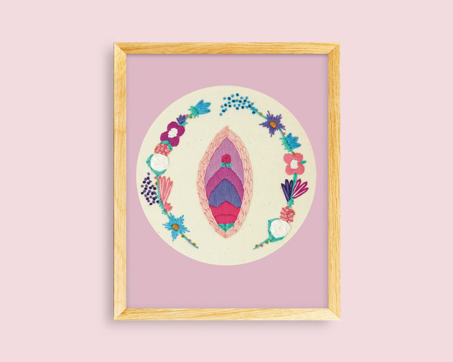 Pink Aesthetic Vulva Flower Embroidery Print – Feminist Floral Wall Decor 🌸💖