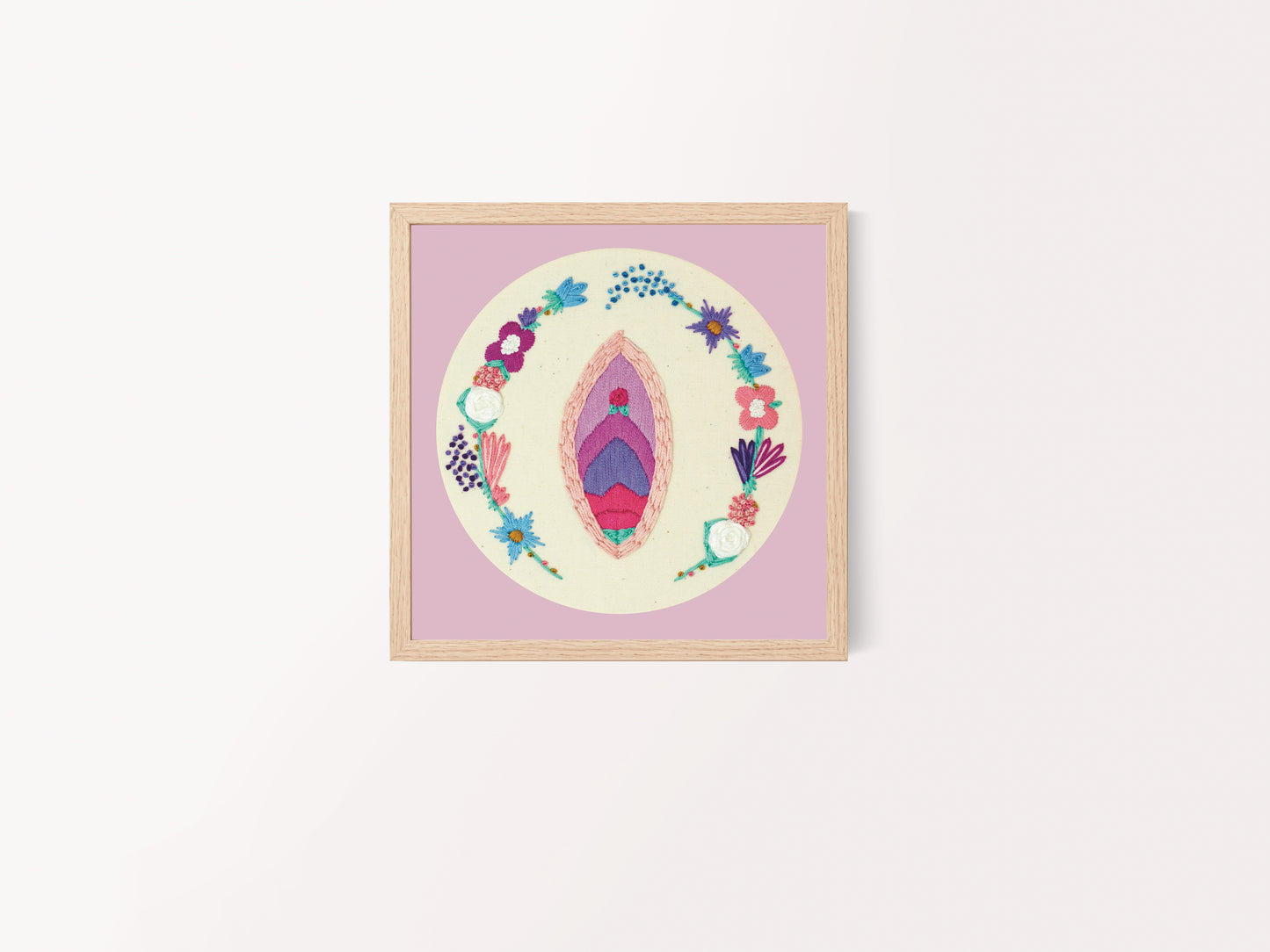 Pink Aesthetic Vulva Flower Embroidery Print – Feminist Floral Wall Decor 🌸💖