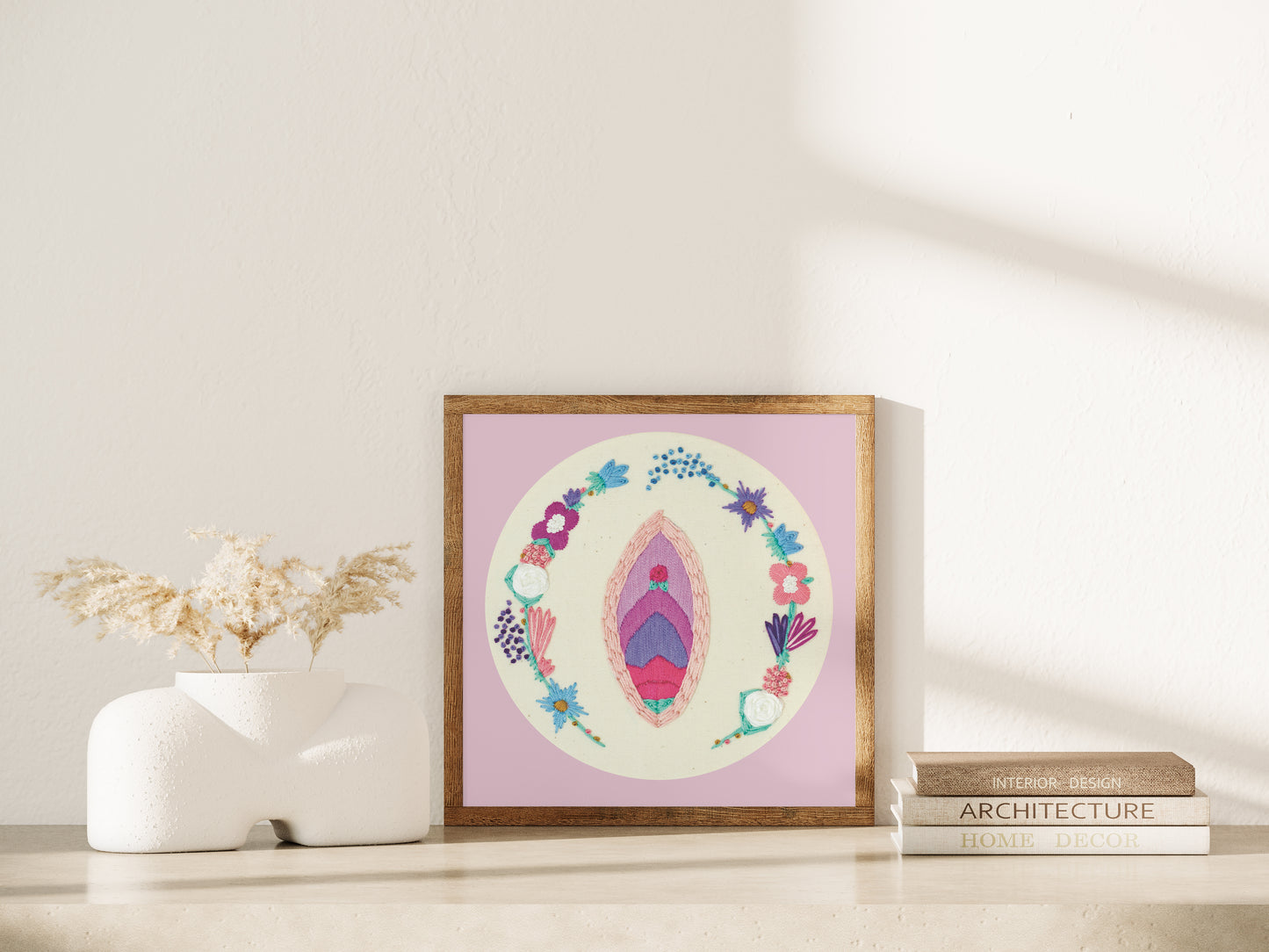 Pink Aesthetic Vulva Flower Embroidery Print – Feminist Floral Wall Decor 🌸💖
