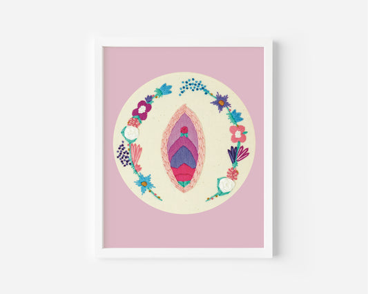 Pink Aesthetic Vulva Flower Embroidery Print – Feminist Floral Wall Decor 🌸💖