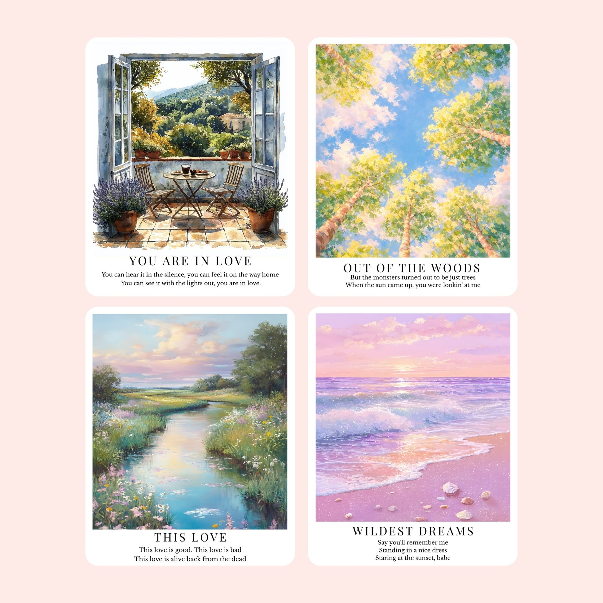 Taylor Swift-inspired 1989 song stickers featuring dreamy illustrated designs for Blank Space, You Are In Love, Out of the Woods, This Love, and Wildest Dreams.