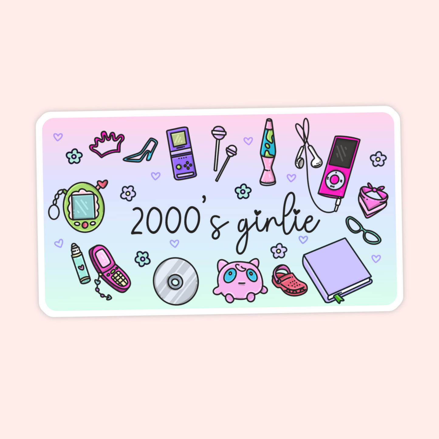 Cute 2000’s girlie sticker with nostalgic Y2K icons including a flip phone, CD, MP3 player, lava lamp, handheld game, crown, heels, and pastel details.