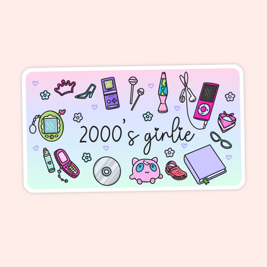 Cute 2000’s girlie sticker with nostalgic Y2K icons including a flip phone, CD, MP3 player, lava lamp, handheld game, crown, heels, and pastel details.