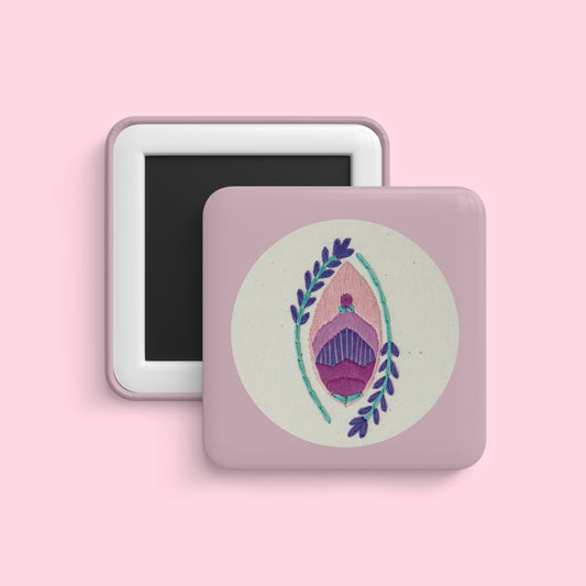 Abstract floral embroidery style magnet, 2 inch cute girly fridge magnet with pink and purple tones