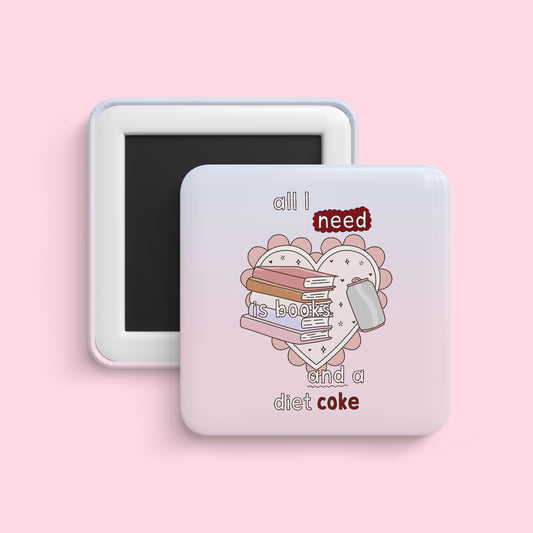 Books and diet coke magnet with stack of books and drink illustration