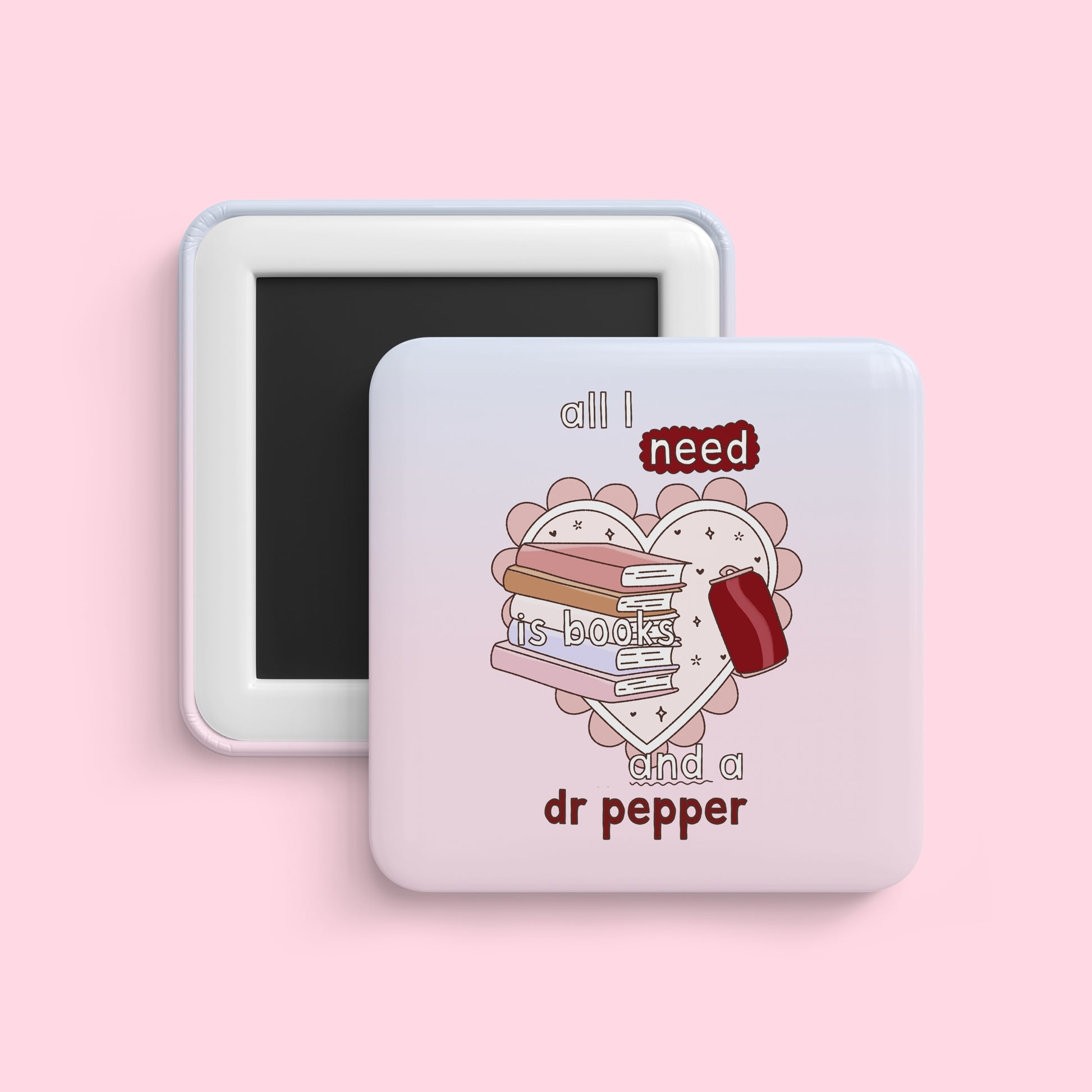 Books and Dr Pepper magnet with book stack and soda illustration