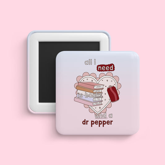 Books and Dr Pepper magnet with book stack and soda illustration