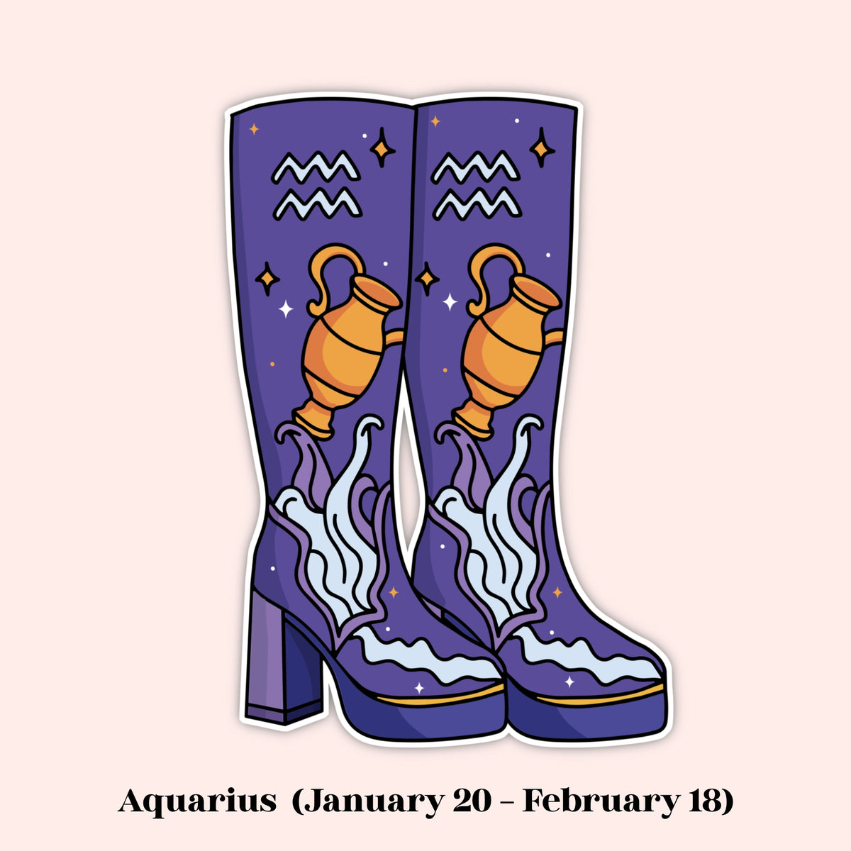 Illustrated pair of tall heeled boots in a purple Aquarius zodiac theme, decorated with an orange water jug, white waves, and small stars, shown on a pale pink background with the text 'Aquarius (January 20 - February 18)' below.