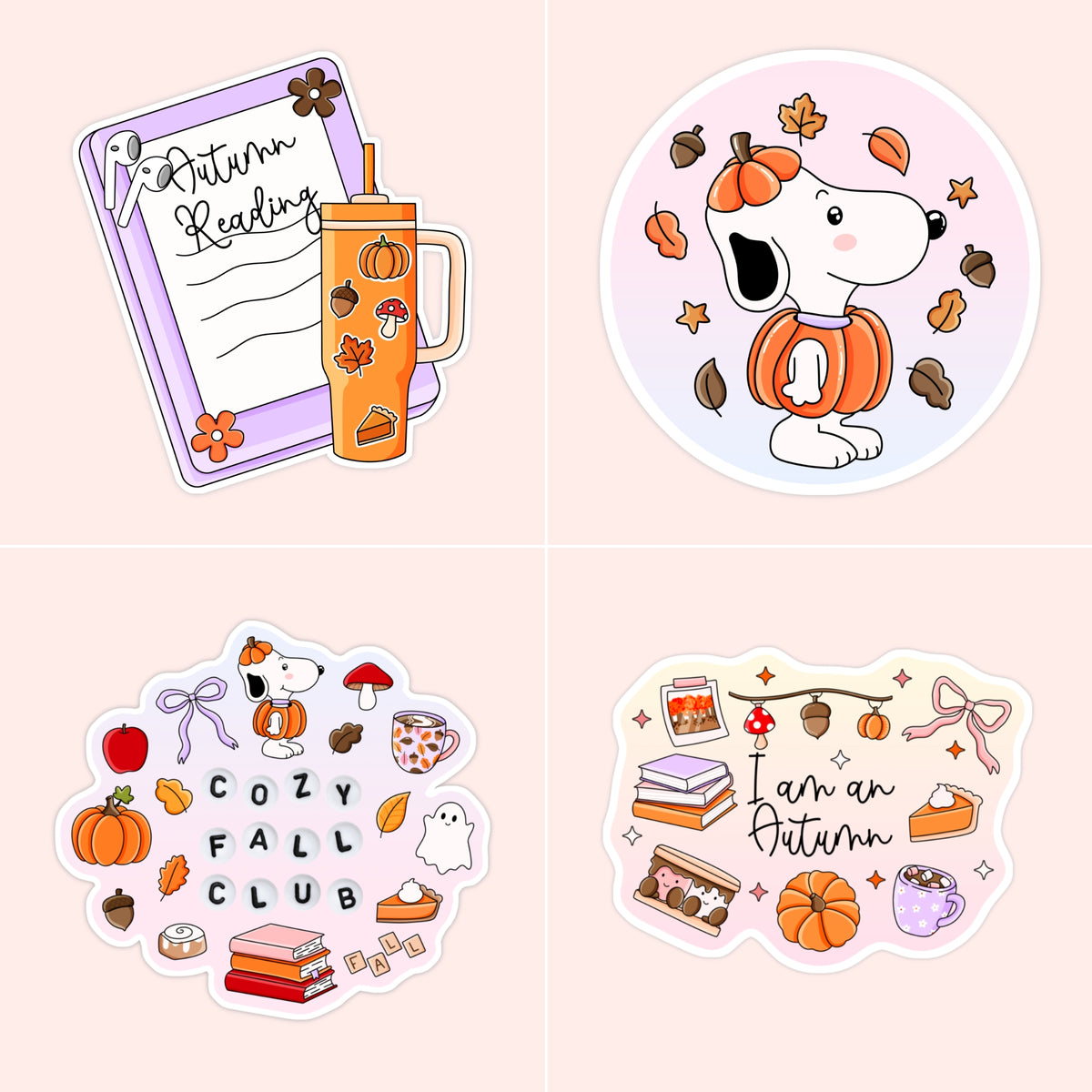 Cute Snoopy-inspired fall sticker featuring pumpkins, books, cozy drinks, autumn leaves and pastel seasonal details