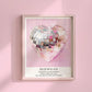 Taylor Swift Bejeweled inspired art print featuring a silver disco ball heart on a soft pink background with a girly aesthetic