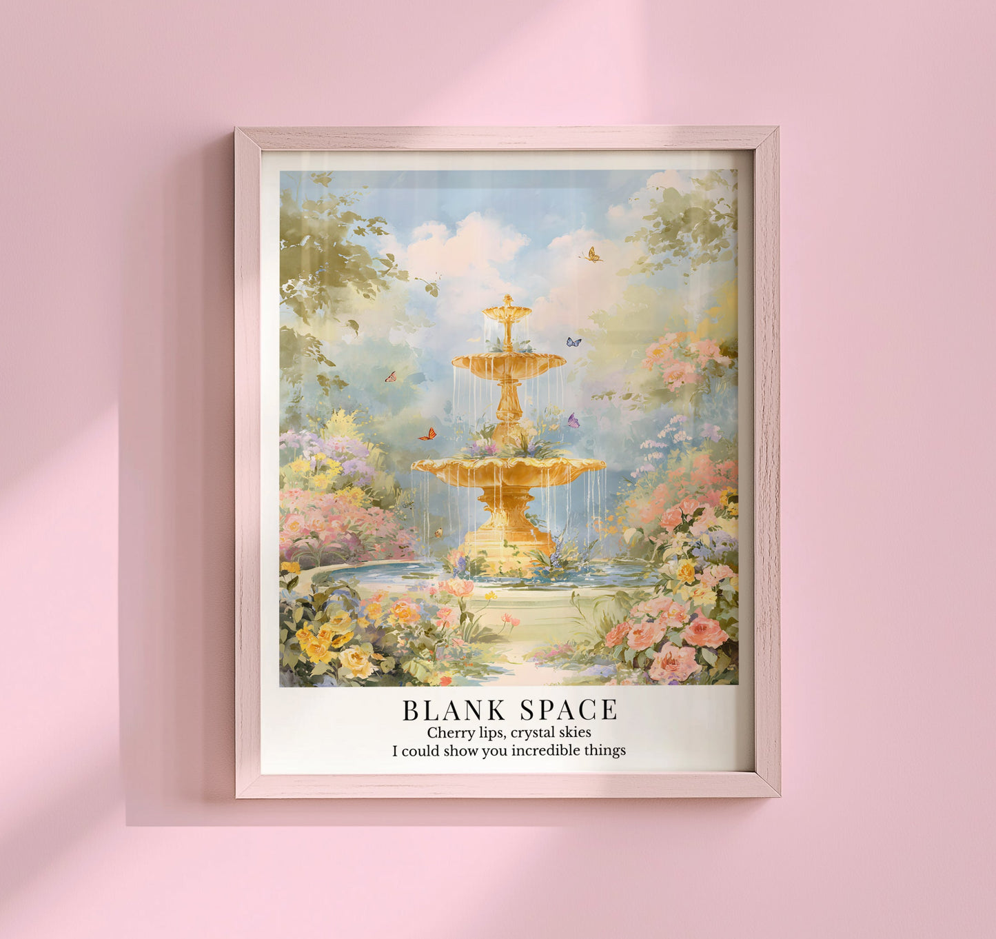 Taylor Swift Blank Space inspired art print featuring a romantic garden fountain with flowers, butterflies, and soft pastel tones