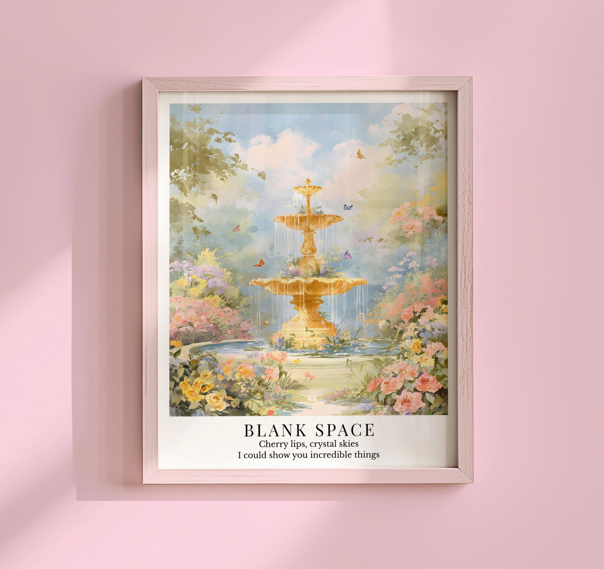Taylor Swift Blank Space inspired art print featuring a romantic garden fountain with flowers, butterflies, and soft pastel tones