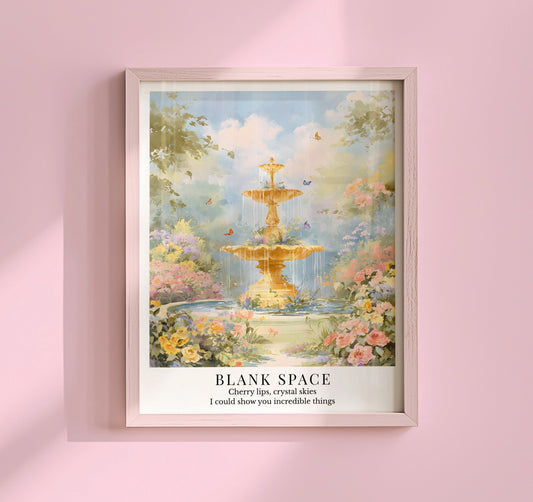 Taylor Swift Blank Space inspired art print featuring a romantic garden fountain with flowers, butterflies, and soft pastel tones