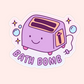 Cute pastel vinyl sticker featuring a smiling toaster labeled “Bath Bomb” with bubbles, sparkles, and playful details.