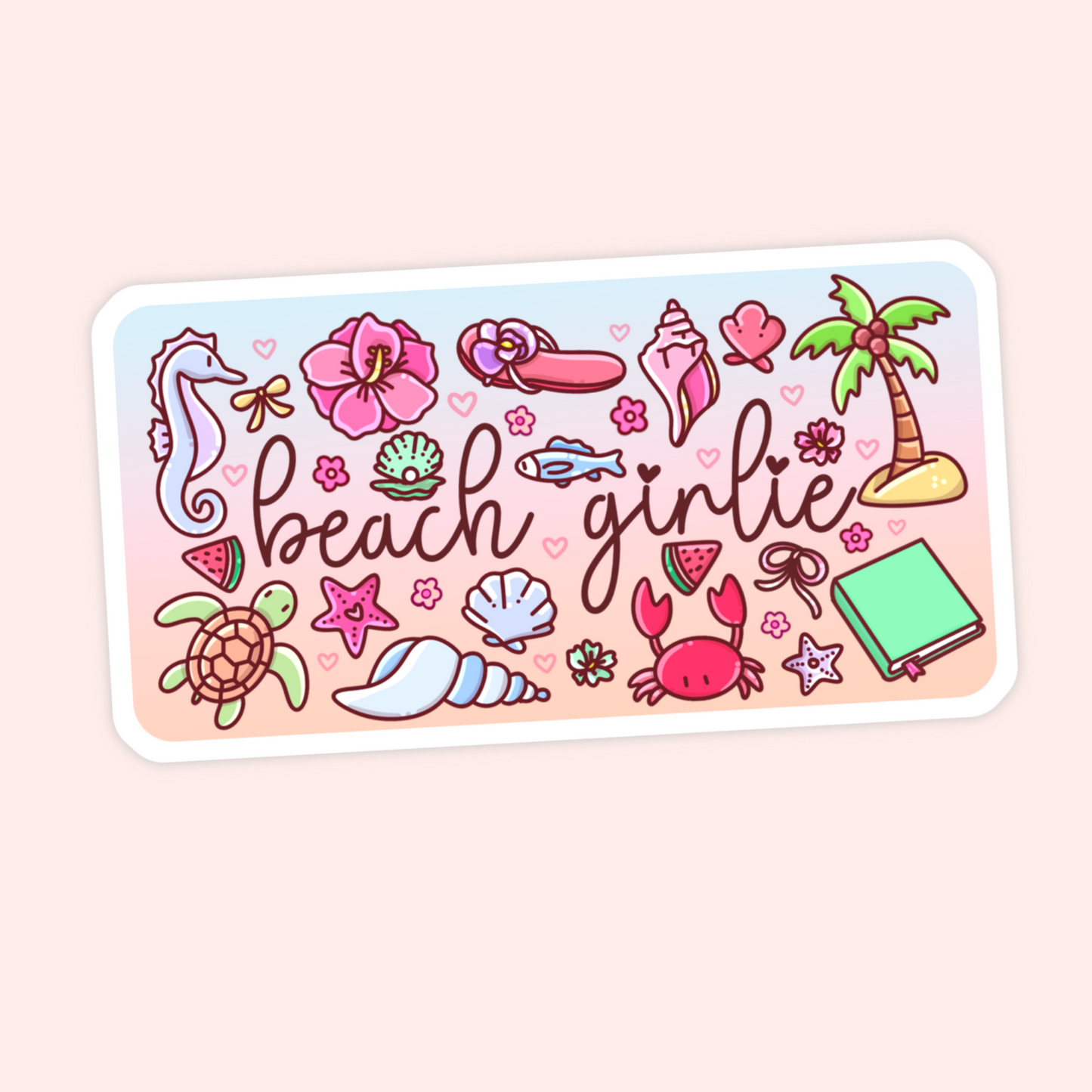 Cute beach girlie sticker with seashells, seahorse, turtle, crab, palm tree, watermelon, tropical flowers, book, and ocean-inspired details.