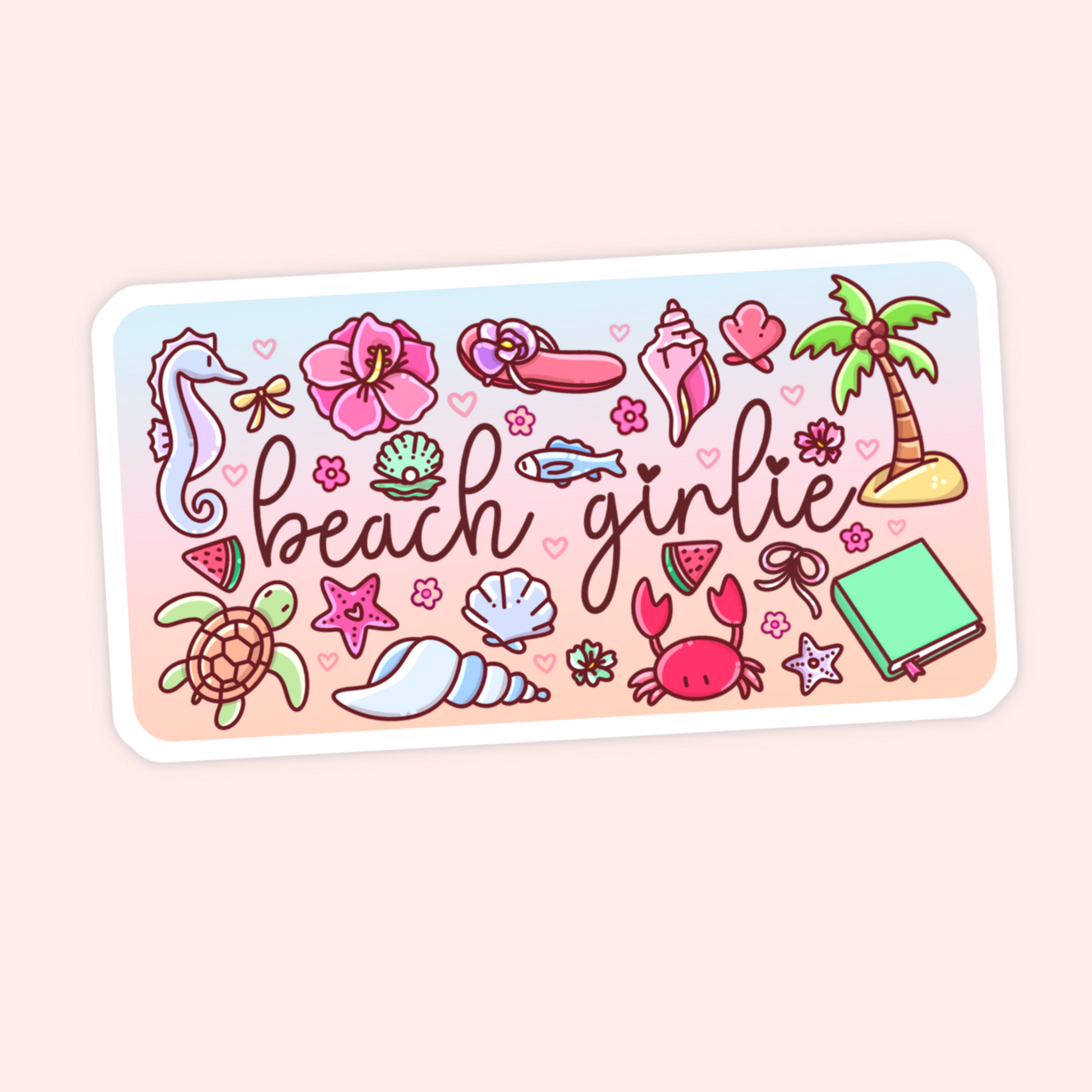 Cute beach girlie sticker with seashells, seahorse, turtle, crab, palm tree, watermelon, tropical flowers, book, and ocean-inspired details.