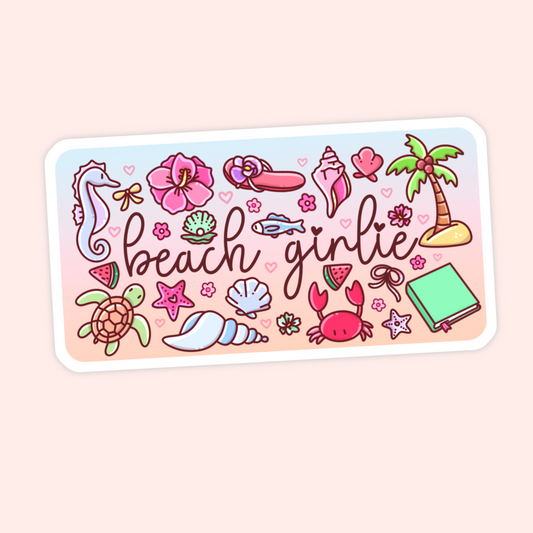 Cute beach girlie sticker with seashells, seahorse, turtle, crab, palm tree, watermelon, tropical flowers, book, and ocean-inspired details.