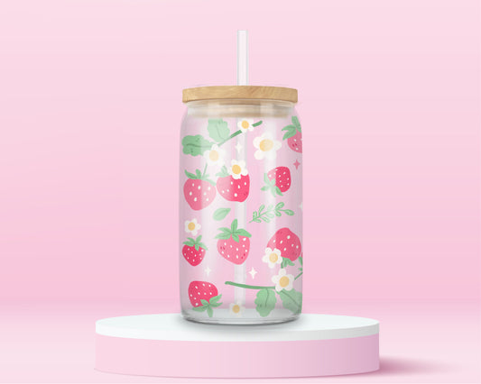 “Strawberry-themed glass tumbler with vines – cute aesthetic drinkware for fruity summer vibes.”