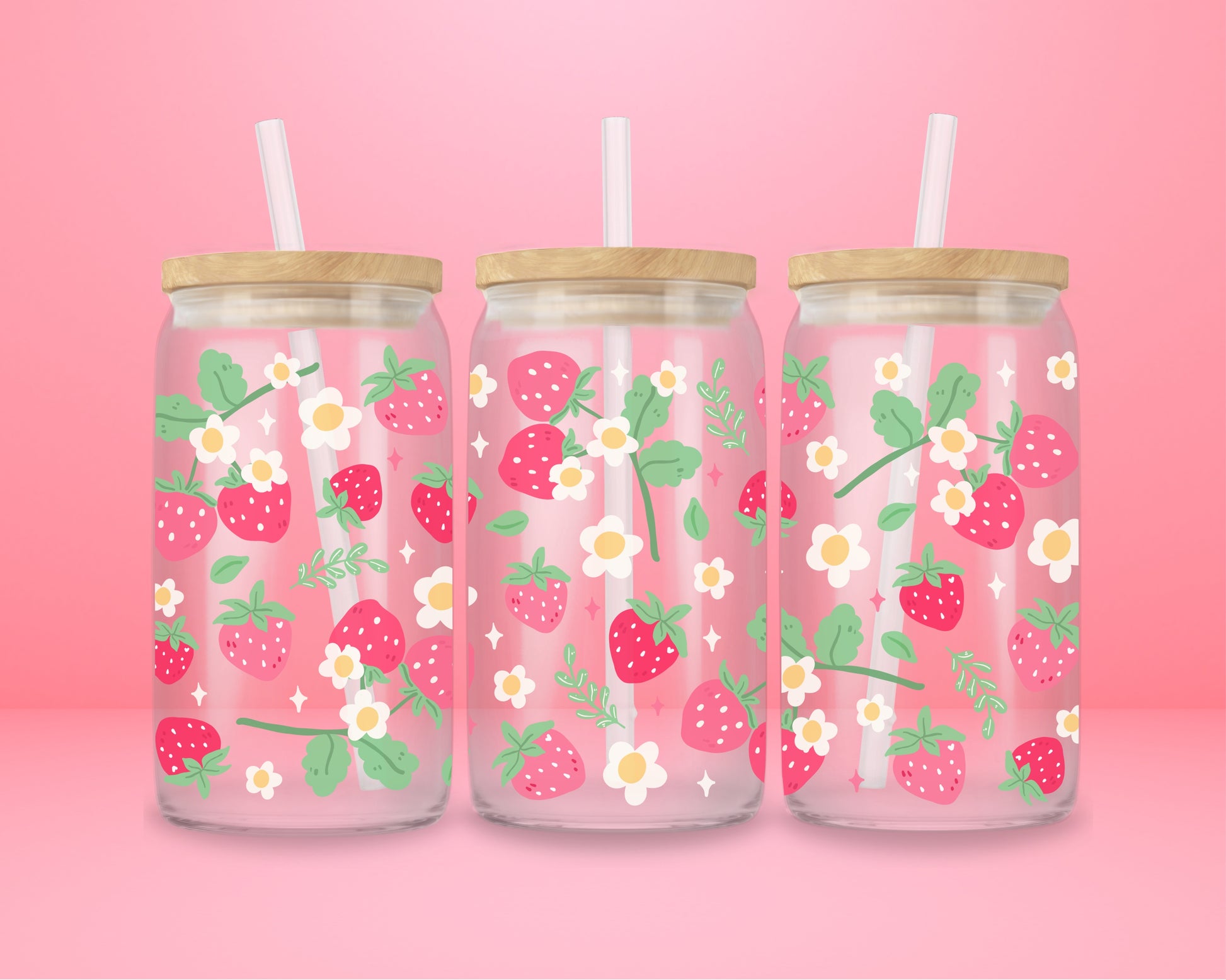 “Strawberry-themed glass tumbler with vines – cute aesthetic drinkware for fruity summer vibes.”