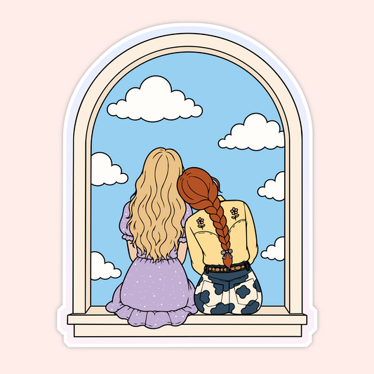 Cute sticker of two besties sitting in an arched window looking at a blue sky with clouds.