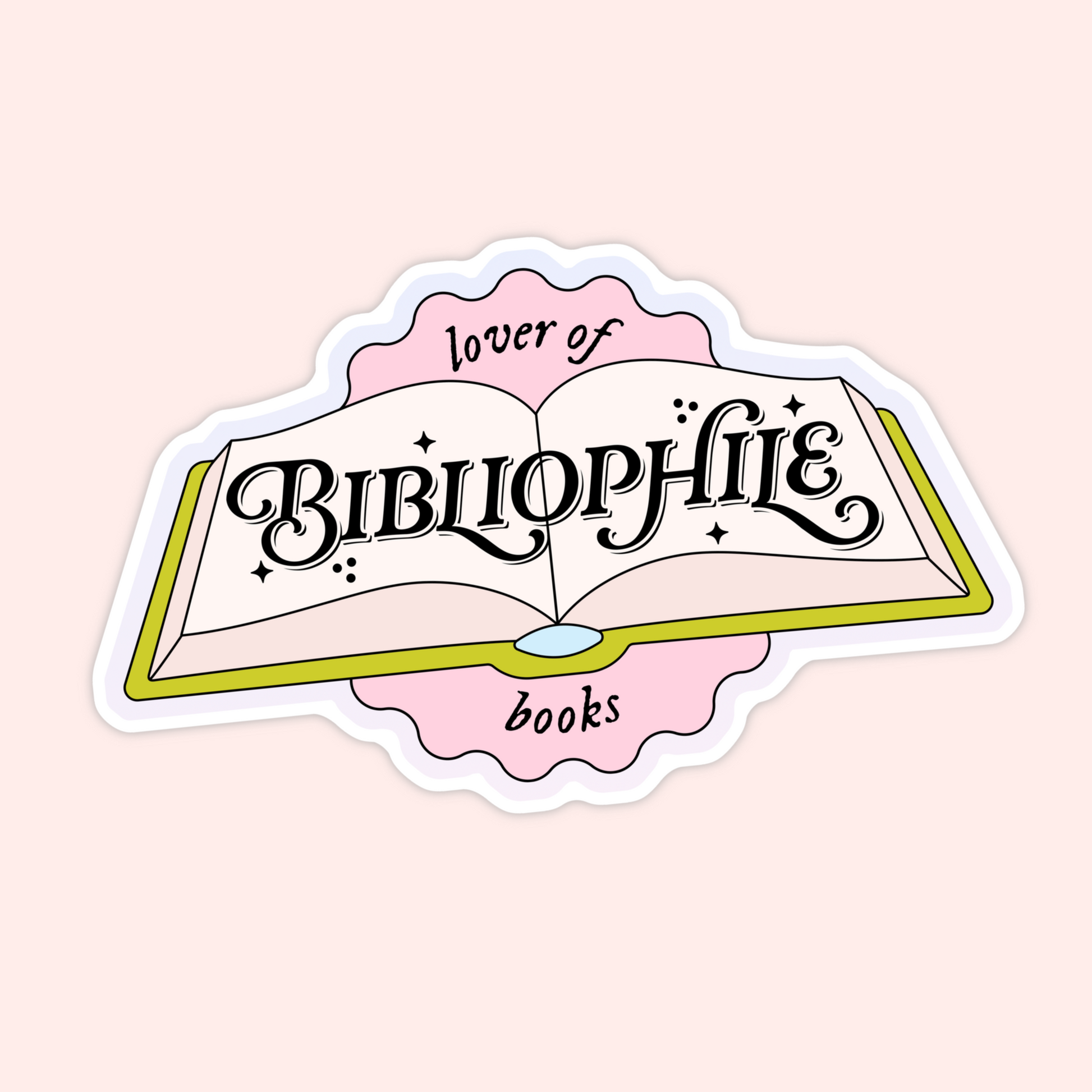 Open book sticker with decorative lettering that says “Bibliophile – lover of books.”