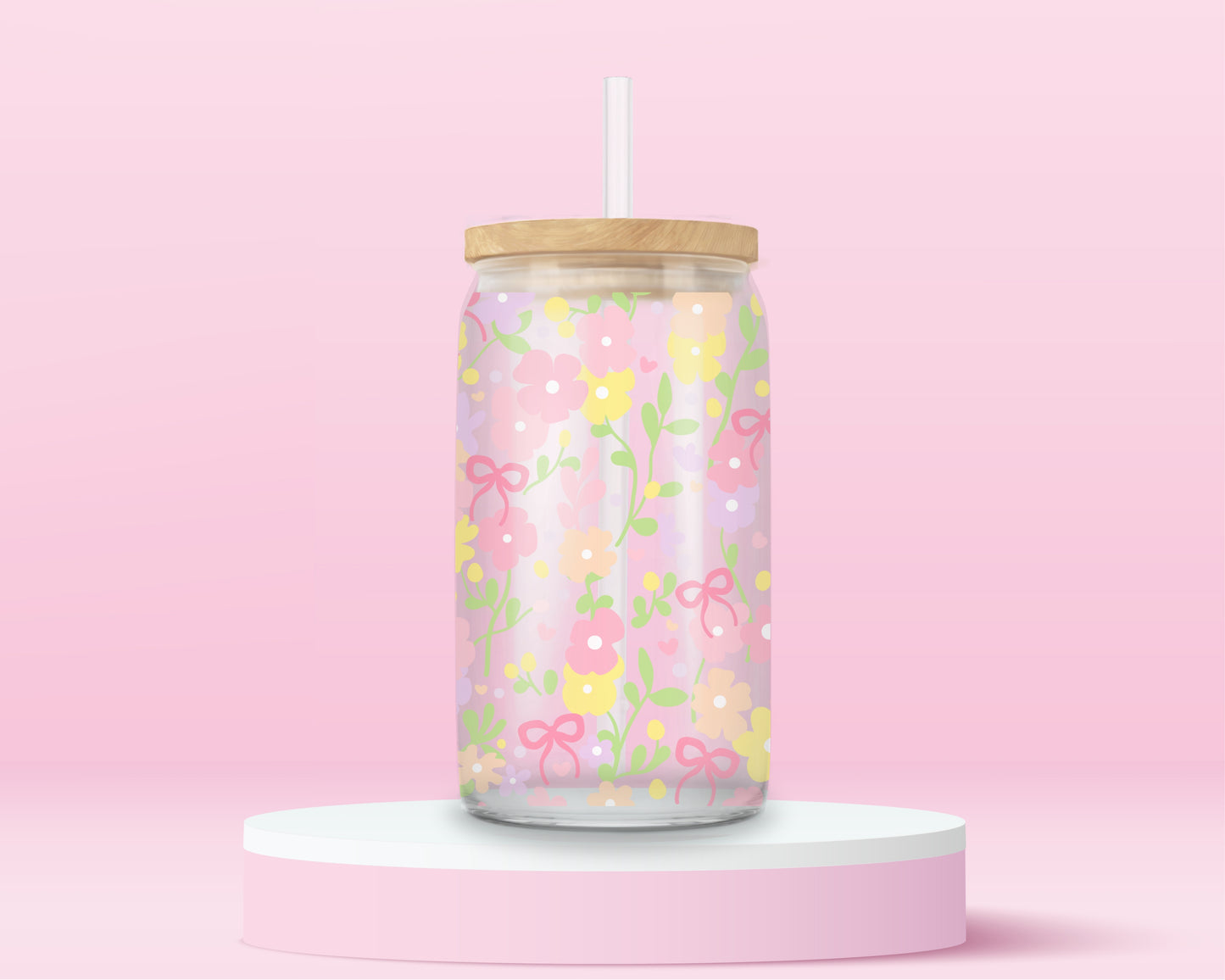 Blush floral glass can tumbler with pastel flowers, pink bows, and soft feminine details shown from multiple angles.