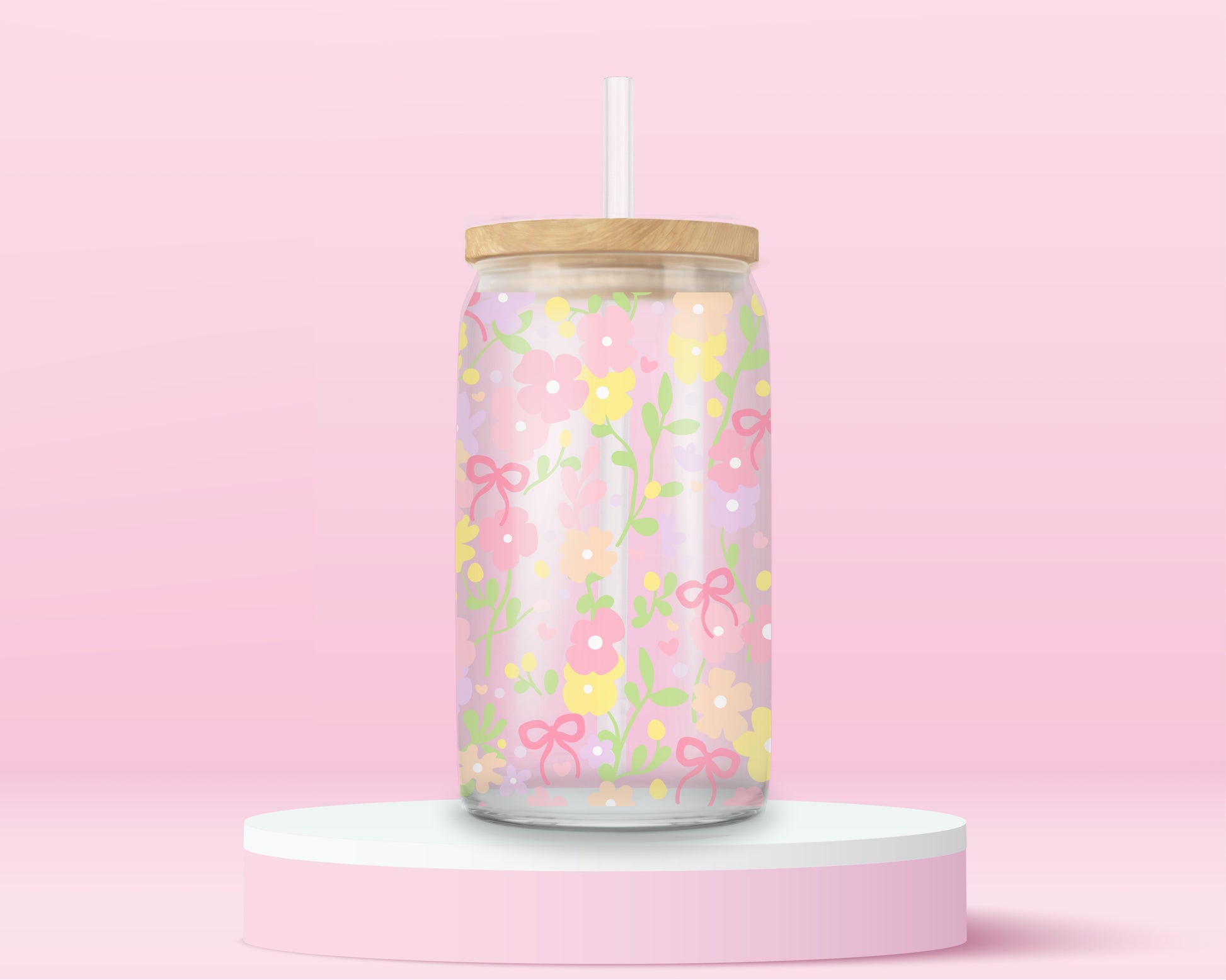 Blush floral glass can tumbler with pastel flowers, pink bows, and soft feminine details shown from multiple angles.
