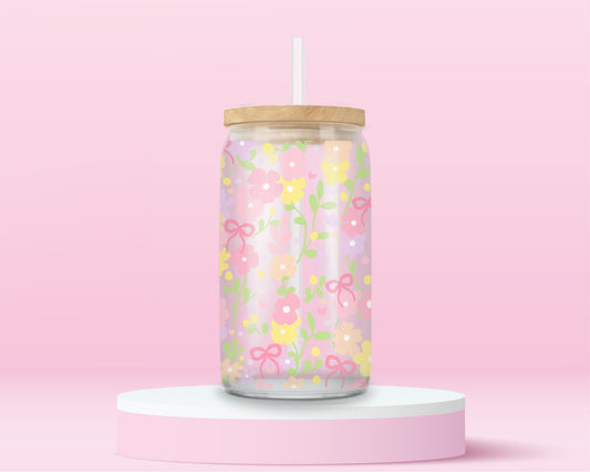Blush floral glass can tumbler with pastel flowers, pink bows, and soft feminine details shown from multiple angles.
