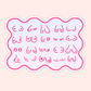 A die-cut sticker featuring rows of pink stylized symbols and text on a white background with a wavy pink border, shown on a pale peach background.