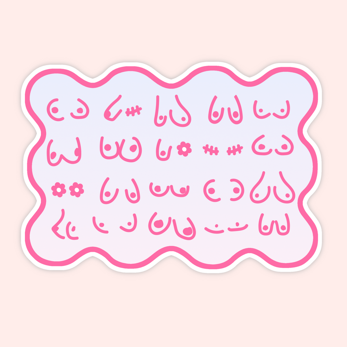 A die-cut sticker featuring rows of pink stylized symbols and text on a white background with a wavy pink border, shown on a pale peach background.