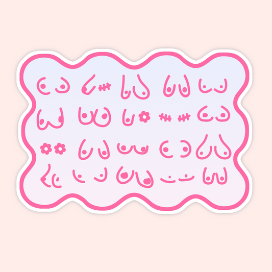 A die-cut sticker featuring rows of pink stylized symbols and text on a white background with a wavy pink border, shown on a pale peach background.