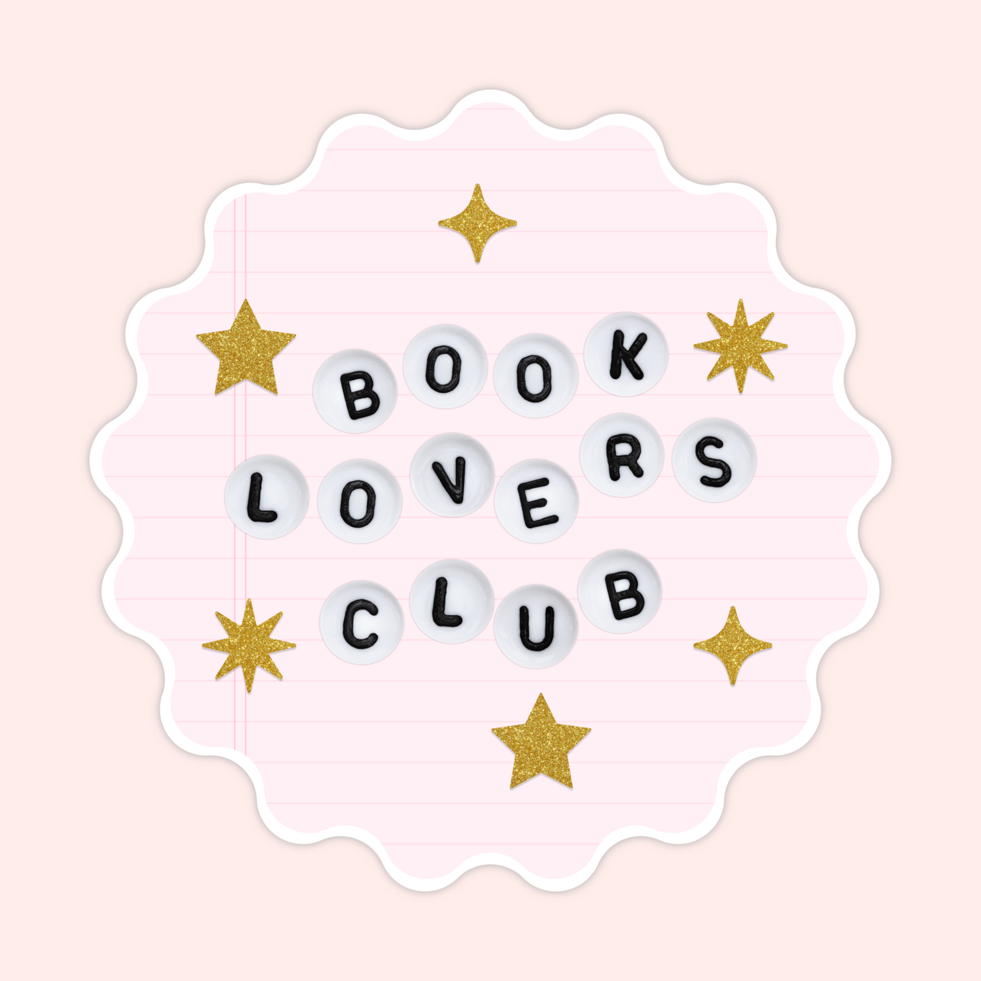 Pink notebook background sticker with white letter beads spelling “Book Lovers Club” and gold star accents.