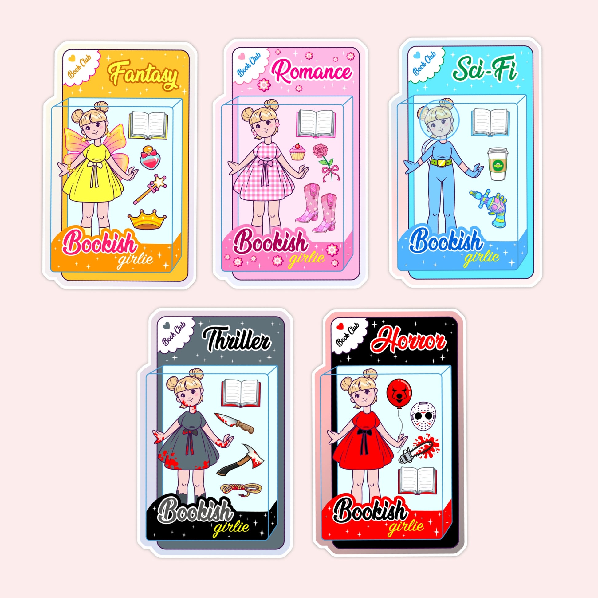 Illustrated vinyl sticker collection featuring Bookish Girlie paper dolls with genre-inspired outfits and accessories, including fantasy, romance, horror, thriller, and sci-fi themes.