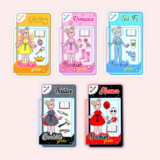 Illustrated vinyl sticker collection featuring Bookish Girlie paper dolls with genre-inspired outfits and accessories, including fantasy, romance, horror, thriller, and sci-fi themes.