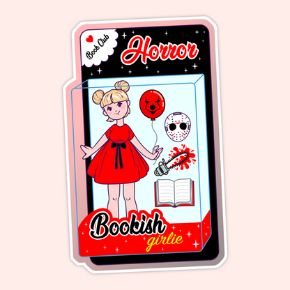 A bold vinyl sticker featuring a Bookish Girlie horror doll with spooky accessories. Perfect for horror fans, dark book aesthetics, and spooky season lovers.