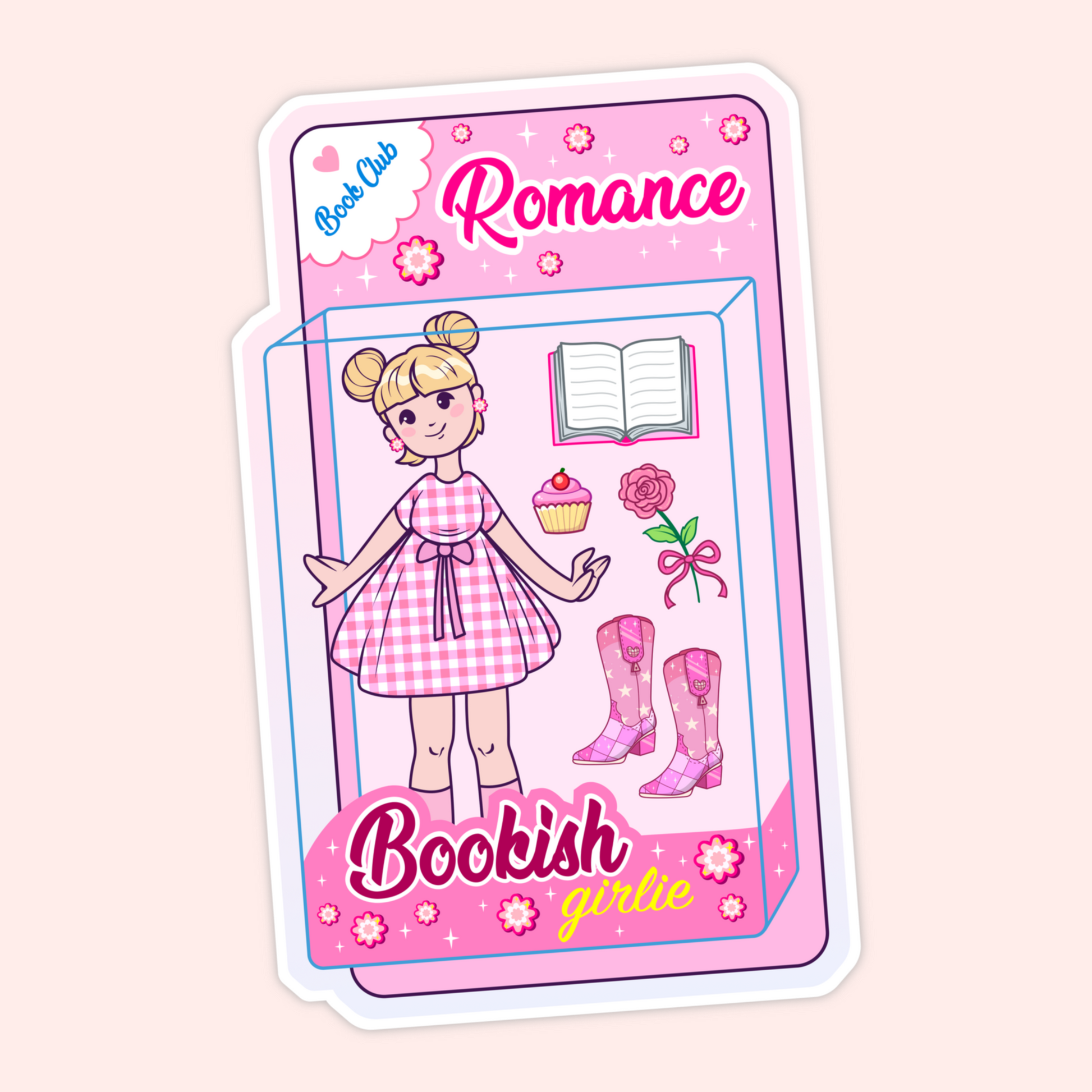 A sweet vinyl sticker featuring a Bookish Girlie romance doll with charming accessories. Perfect for romance readers, bookish gifts, and soft pink aesthetics.