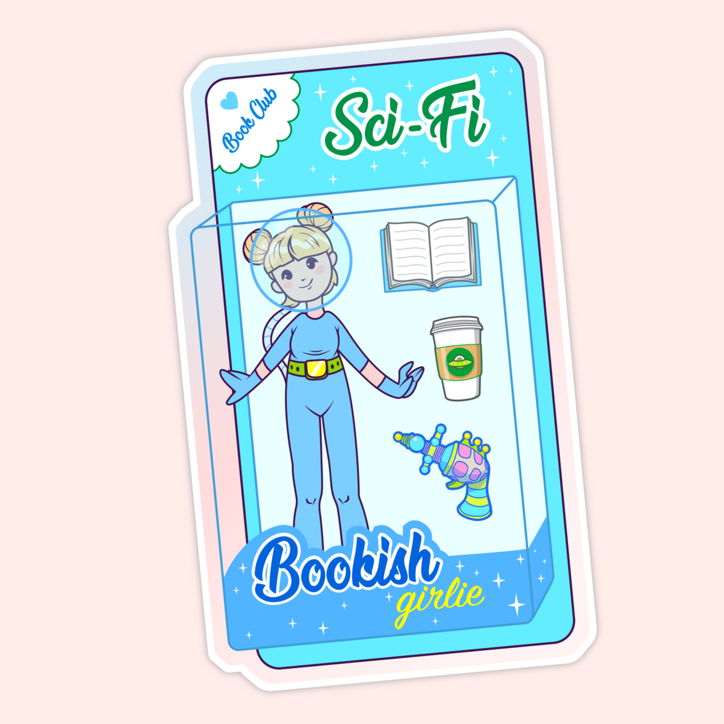 A playful vinyl sticker featuring a Bookish Girlie sci-fi doll with futuristic accessories. Perfect for sci-fi readers, fandom lovers, and bookish nerd vibes.
