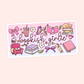 Cute bookish girlie sticker with books, reading chair, tea, bows, flowers, bookmark, butterfly, cat, and cozy pink details.