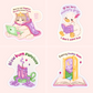Cute bookish vinyl sticker collection featuring a cat on a laptop, a morally gray duck reading, a slow burn candle, and a fantasy book portal design.