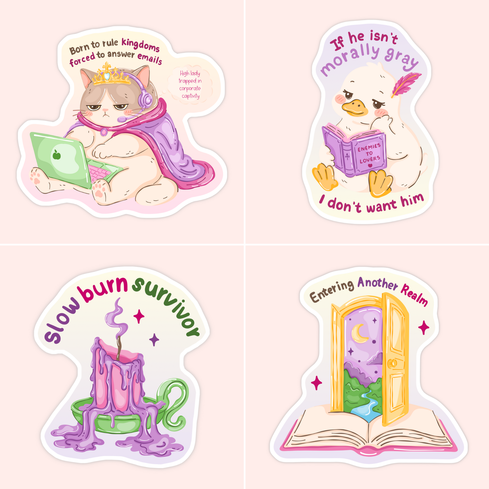 Cute bookish vinyl sticker collection featuring a cat on a laptop, a morally gray duck reading, a slow burn candle, and a fantasy book portal design.