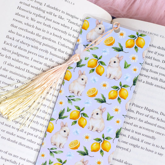 spring bunny bookmark with lemons flowers and rabbits in open book aesthetic